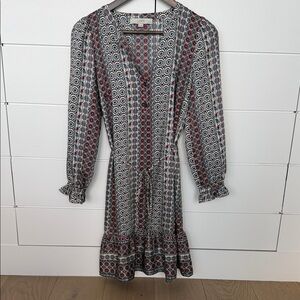 LOFT Geometric Long Sleeve Dress - Red and Black